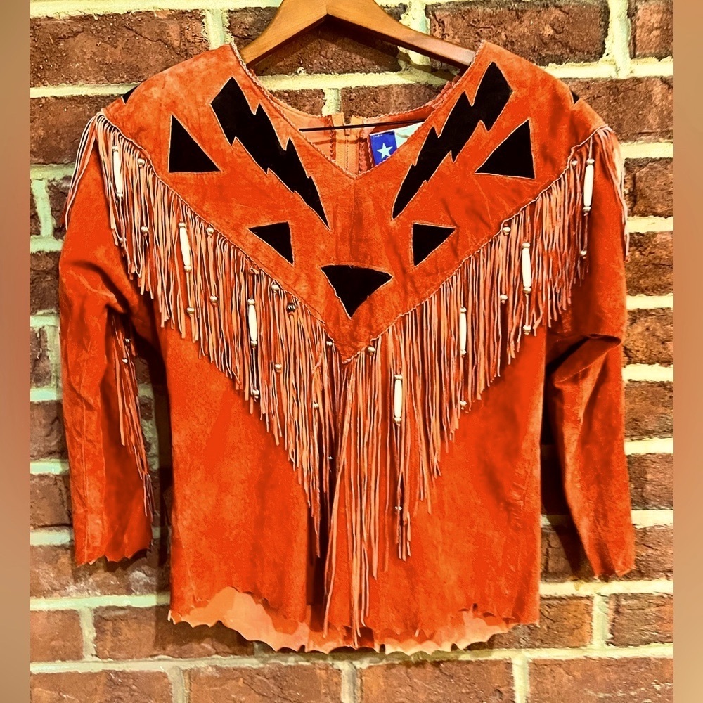Vintage Custom Made burnt orange & black suede top with fringe beads and boning